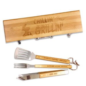 Customized Bamboo BBQ Grill Box Set - Stainless Steel Spatula, Tongs, and Grill Fork