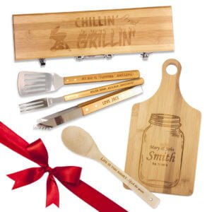 Personalized Holiday Gift Bundle - BBQ Grill Set, Cutting Board, Bamboo Spoon